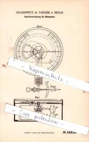 Original Patent - Gradenwitz & Taenzer in Berlin , 1887 ,  Controlvorrichtung für Manometer !!!