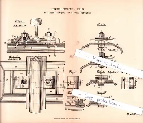 Original Patent - H. Giesecke in Berlin , 1887 , Schienenbefestigung auf eisernen Schwellen !!!