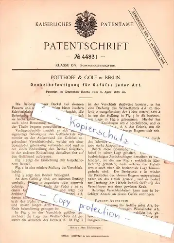 Original Patent - Potthoff & Golf in Berlin , 1888 , Deckelbefestigung für Gefäße jeder Art !!!