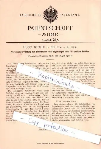 Original Patent - H. Bremer in Neheim a. d. Ruhr , 1900 , Verschlußvorrichtung für Schutzhüllen  !!!