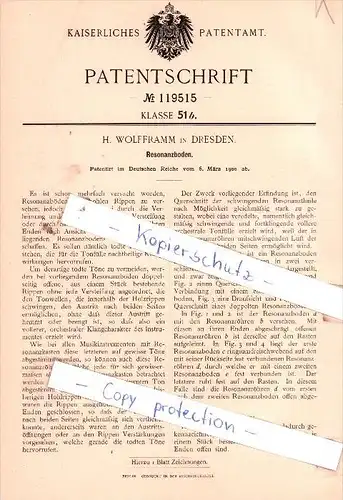 Original Patent - H. Wolfframm in Dresden , 1900 , Resonanzboden !!!
