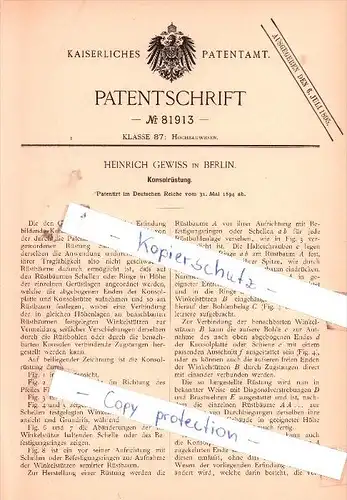 Original Patent - Heinrich Gewiss in Berlin , 1894 , Konsolrüstung !!!