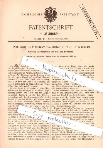 Original Patent - C. Cors in Potsdam und H. Schuz in Berlin , 1886 , Schankgeräthschaften !!!