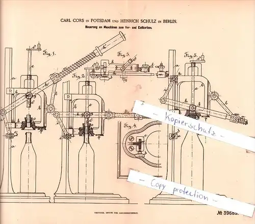Original Patent - C. Cors in Potsdam und H. Schuz in Berlin , 1886 , Schankgeräthschaften !!!