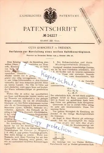 Original Patent - Otto Korschelt in Dresden , 1882 , Herstellung eines Kalkthonerdeglases !!!