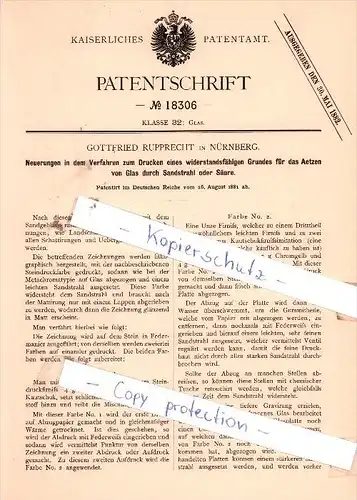 Original Patent - Gottfried Rupprecht in Nürnberg , 1881 , Glas !!!