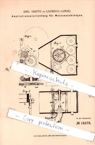 Original Patent - Emil Trepte in Lindenau-Leipzig , 1881 , Aspirationseinrichtung für Walzenstuhlungen !!!