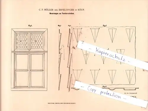 Original Patent - Frau C. F. Müller geb. Erpeldinger in Köln , 1881 , Neuerungen an Fensterscheiben !!!