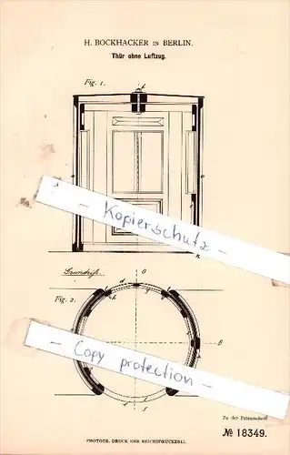 Original Patent -  H. Bockhacker in Berlin , 1881 , Thür ohne Luftzug !!!