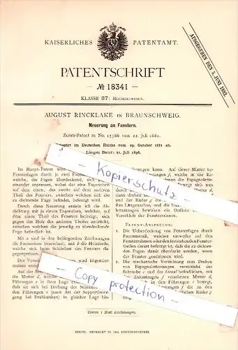 Original Patent - August Rincklake in Braunschweig , 1881 , Neuerung an Fenstern !!!