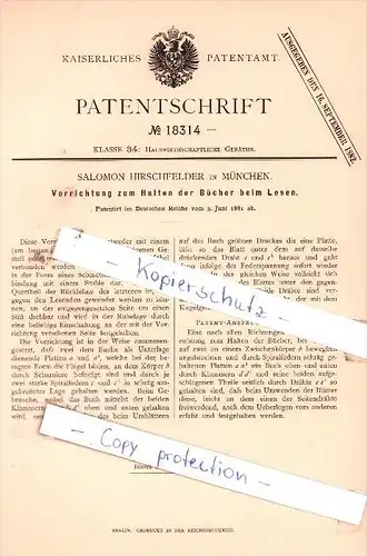 Original Patent - S. Hirschfelder in München , 1881 , Vorrichtung zum Halten der Bücher beim Lesen  !!!