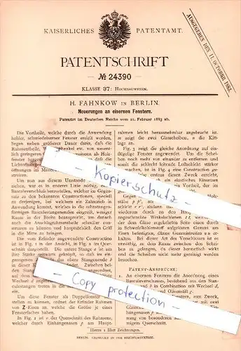 Original Patent - H. Fahnkow in Berlin , 1883 ,  Neuerungen an eisernen Fenstern !!!