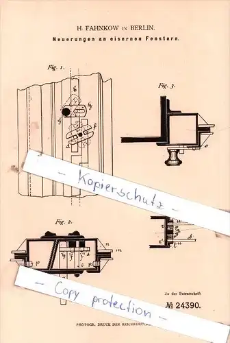Original Patent - H. Fahnkow in Berlin , 1883 ,  Neuerungen an eisernen Fenstern !!!