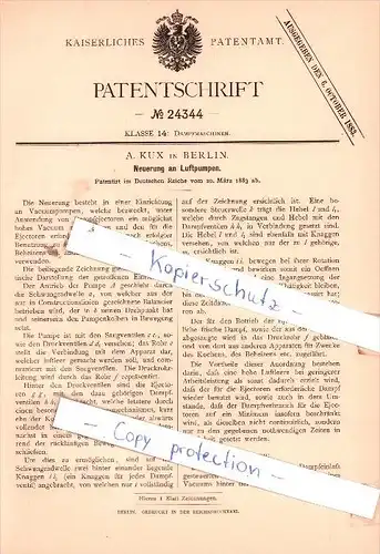 Original Patent - A. Kux in Berlin ,1883 , Neuerung an Luftpumpen !!!