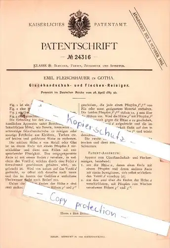 Original Patent - E. Fleischhauer in Gotha , 1883 , Glacèhandschuh- und Flecken-Reiniger !!!