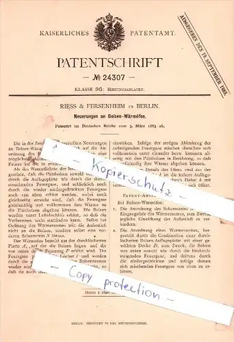 Original Patent - Riess & Fersenheim in Berlin , 1883 , Neuerungen an Bolzen-Wärmöfen !!!