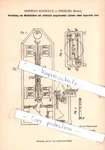 Original Patent - H. Schmoele in Freiburg , Baden , 1883 ,  Musilkalische Instrumente !!!
