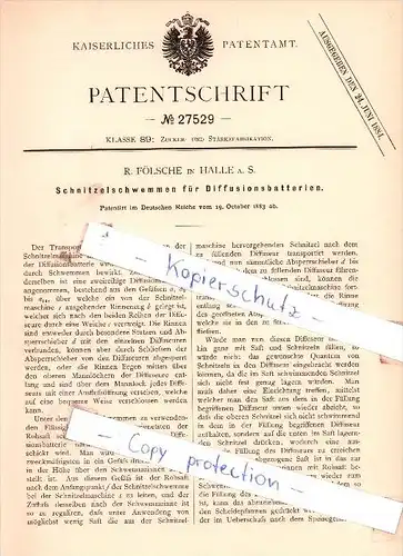Original Patent - R. Fölsche in Halle a. S. , 1883 , Schnitzelschwimmen für Diffusionsbatterien !!!