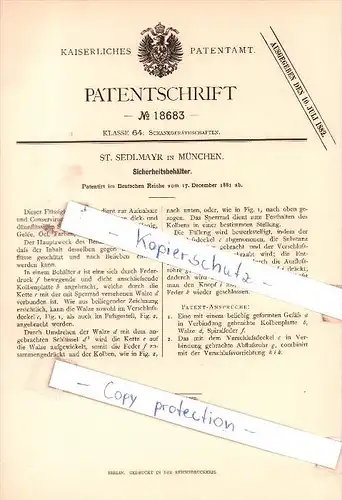 Original Patent - St. Sedlmayr in München , 1881 , Sicherheitsbehälter !!!