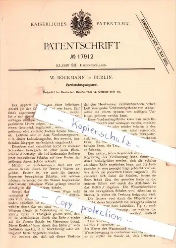 Original Patent - W. Böckmann in Berlin , 1881 , Verdunstungsapparat !!!