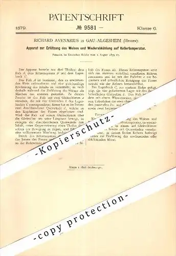 Original Patent - Richard Avenarius in Gau-Algesheim , 1879 , Apparat zur Erhitzung von Wein , Kellerei , Weinbau !!!