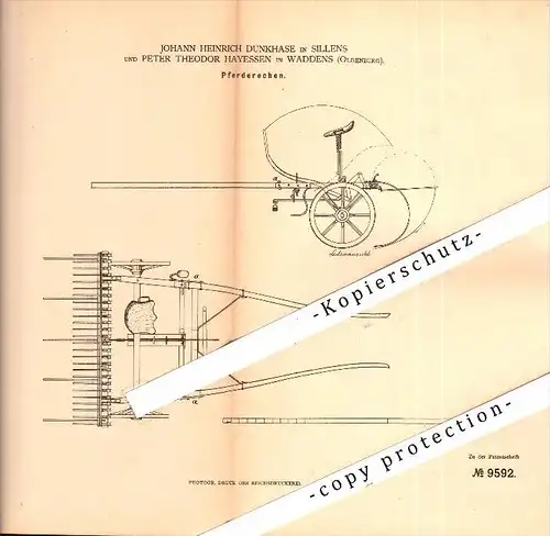 Original Patent - J. Dunkhase in Sillens und P. Hayessen in Waddens / Butjadingen ,1879, Pferderechen , Pferde , Burhave