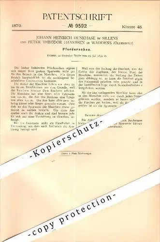 Original Patent - J. Dunkhase in Sillens und P. Hayessen in Waddens / Butjadingen ,1879, Pferderechen , Pferde , Burhave