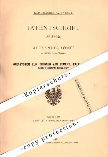 Original Patent - A. Tomei in Lebbin / Lubin auf der Insel Wollin / Wolin , 1878, Ofen zum Brennen von Cement und Ziegel