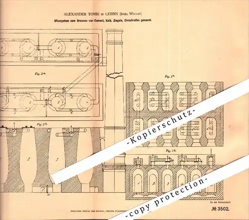 Original Patent - A. Tomei in Lebbin / Lubin auf der Insel Wollin / Wolin , 1878, Ofen zum Brennen von Cement und Ziegel