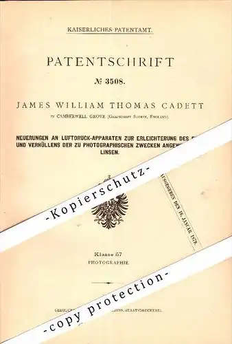Original Patent - James W.T. Cadett in Camberwell Grove , Surrey , 1878, Air pressure apparatus for photography , London