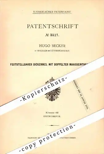Original Patent - Hugo Becker in Halbach b. Lüttringhausen / Remscheid ,1878 , Zirkel mit Maaseinteilung , Geometrie !!!