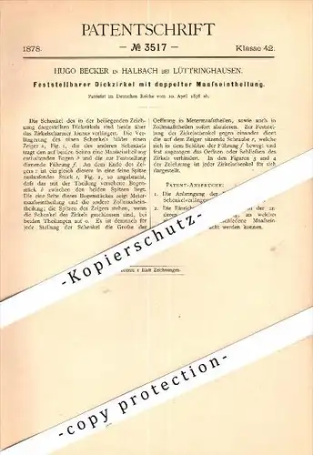 Original Patent - Hugo Becker in Halbach b. Lüttringhausen / Remscheid ,1878 , Zirkel mit Maaseinteilung , Geometrie !!!