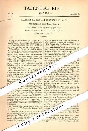 Original Patent - Wilhelm Bansen in Bodenbach / Decin , Böhmen , 1878 , Draht-Walzwerk  !!!