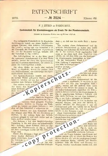 Original Patent - F.J. Zitko in Pardubitz / Pardubice , 1878 , Controlschloss für Eisenbahn !!!