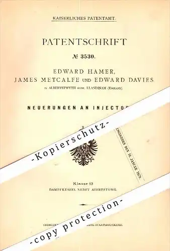 Original Patent - E. Davies in Llandinam / Llanidloes and James Metcalfe in Alberystwyth , 1888 , steam injectors !!!