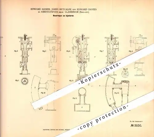 Original Patent - E. Davies in Llandinam / Llanidloes and James Metcalfe in Alberystwyth , 1888 , steam injectors !!!