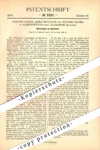 Original Patent - E. Davies in Llandinam / Llanidloes and James Metcalfe in Alberystwyth , 1888 , steam injectors !!!