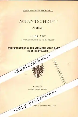 Original Patent - G. Adt à Forbach , Ensheim et Pont-à-Mousson , 1878 , Machine pour usine de papier !!!