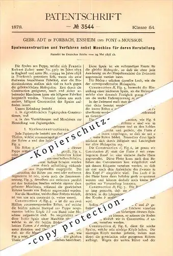 Original Patent - G. Adt à Forbach , Ensheim et Pont-à-Mousson , 1878 , Machine pour usine de papier !!!