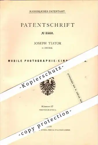 Original Patent - Joseph Tiator à Colmar , Elsass , 1878 , Photographie Mobile - Caméra !!!
