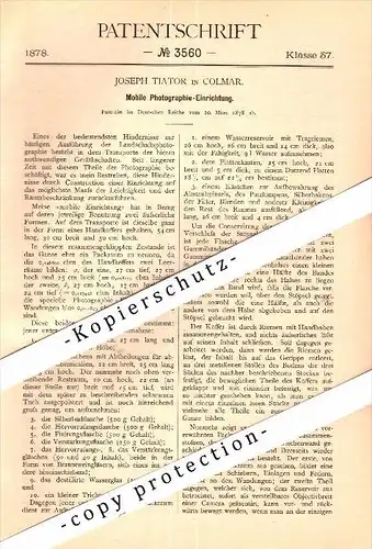 Original Patent - Joseph Tiator à Colmar , Elsass , 1878 , Photographie Mobile - Caméra !!!