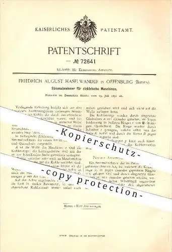 original Patent - Friedrich August Haselwander in Offenburg , 1891 , Stromabnehmer für elektrische Maschinen , Strom !!!