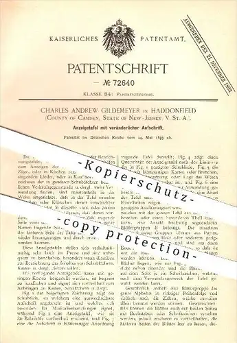 original Patent - Charles A. Gildemeyer , Haddonfiled , County of Camden , New Jersey , USA , 1893 , Anzeigetafel    !!!