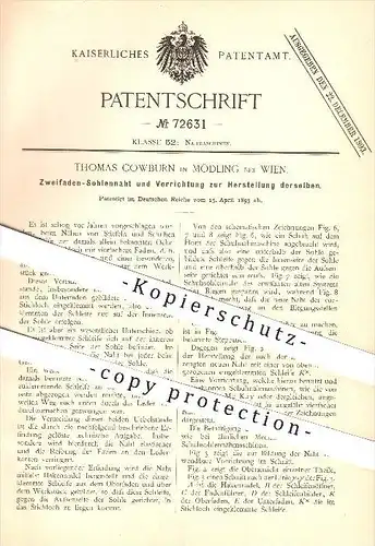 original Patent - Thomas Cowburn in Mödling bei Wien , 1893 , Herstellung einer Zweifaden - Sohlennaht , Nähmaschine !!!