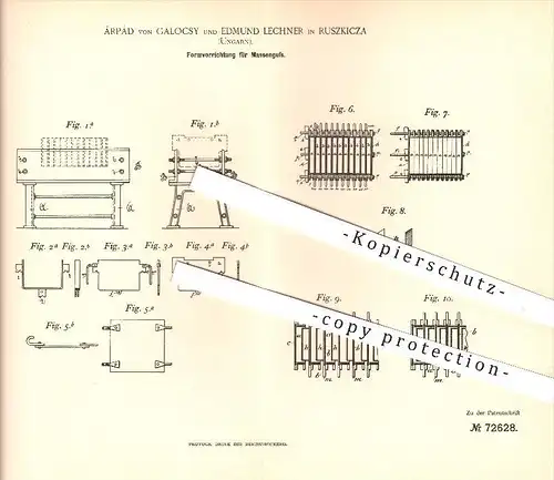 original Patent - Árpád von Gálocsy & Edmund Lechner in Ruszkicza , Ungarn , 1893 , Formen für Massenguss , Guss !!!