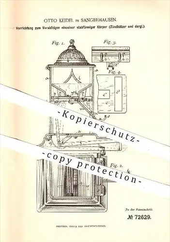 original Patent - Otto Keidel in Sangerhausen , 1893 , einzeln entnehmbare Zündhölzer , Streichhölzer , Kurzwaren !!!
