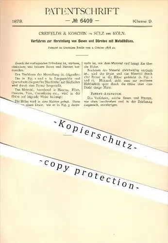 original Patent - Creifelds & Koschin in Sülz bei Köln , 1878 , Besen und Bürsten mit Metallhülsen !!!