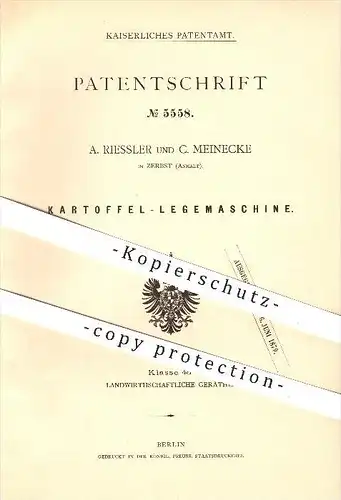 original Patent - A. Riessler und C. Meinecke in Zerbst , 1878 , Kartoffel - Legemaschine , Kartoffeln , Landwirtschaft