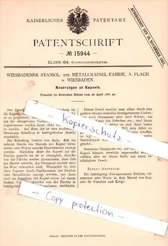 Original Patent - Wiesbadener Staniol- und Metallkapsel-Fabrik, A. Flach in Wiesbaden , 1881 , !!!