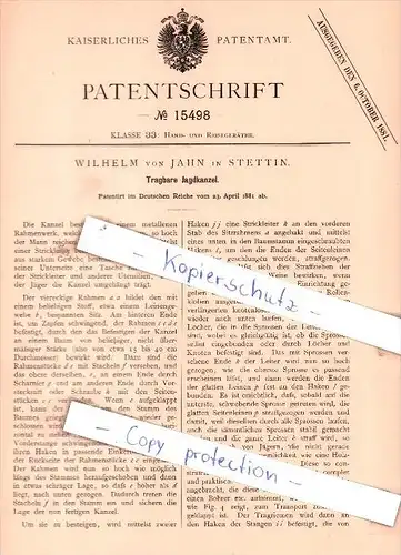 Original Patent - Wilhelm von Jahn in Stettin , 1881 , Tragbare Jagdkanzel , Jagd !!!